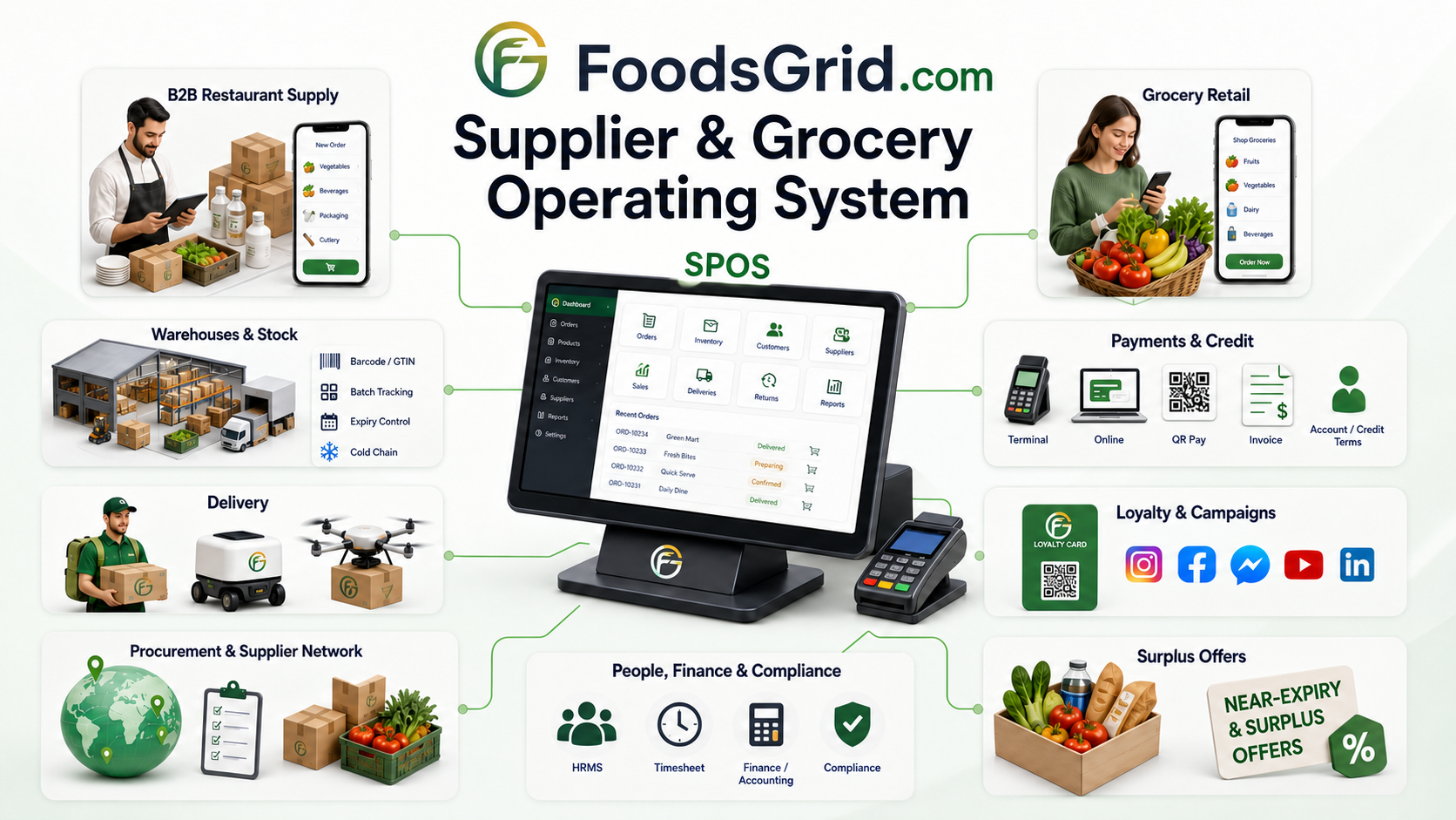 FoodsGrid Supplier and Grocery Operating System connecting SPOS, restaurant buyers, grocery shoppers, warehouses, payments, delivery, loyalty, campaigns, people, finance, compliance and surplus offers